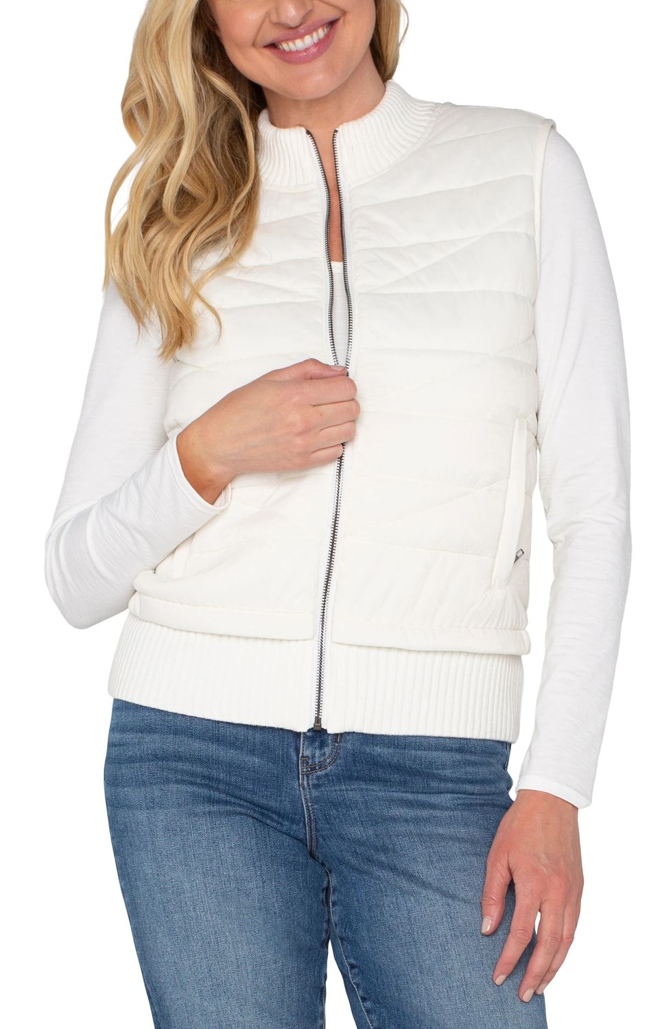 Sleeveless Quilted Full Zip Sweater Vest Porcelain
