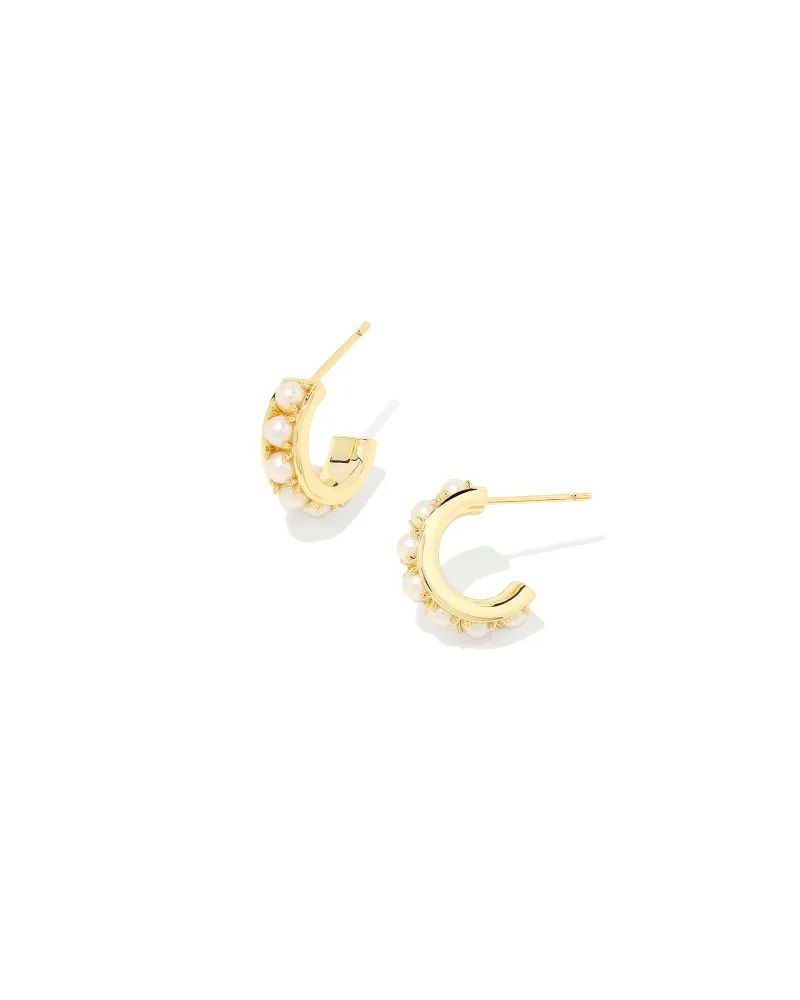 Krista Gold Huggie Earrings in White Pearl