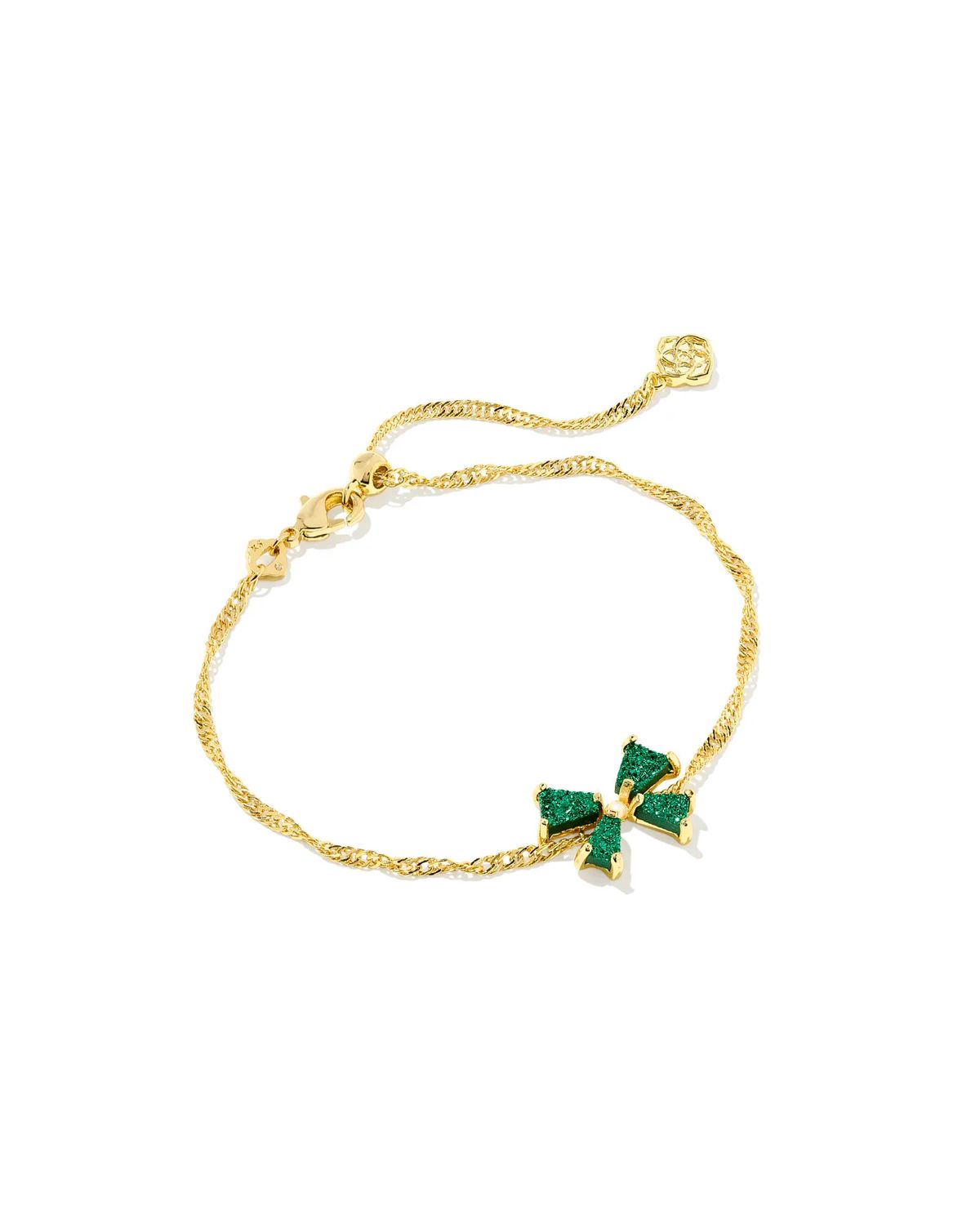 Blair Gold Bow Small Delicate Chain Bracelet in Emerald Drusy