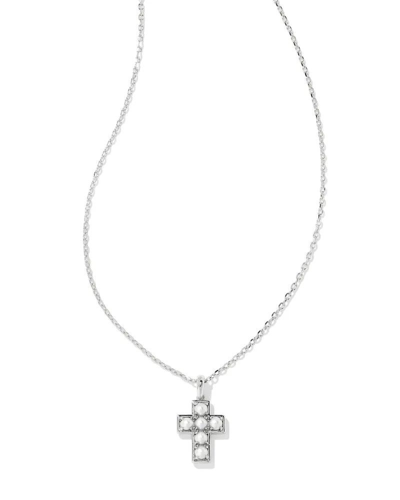 Pearl Silver Cross Short Pendant Necklace in White Pearl