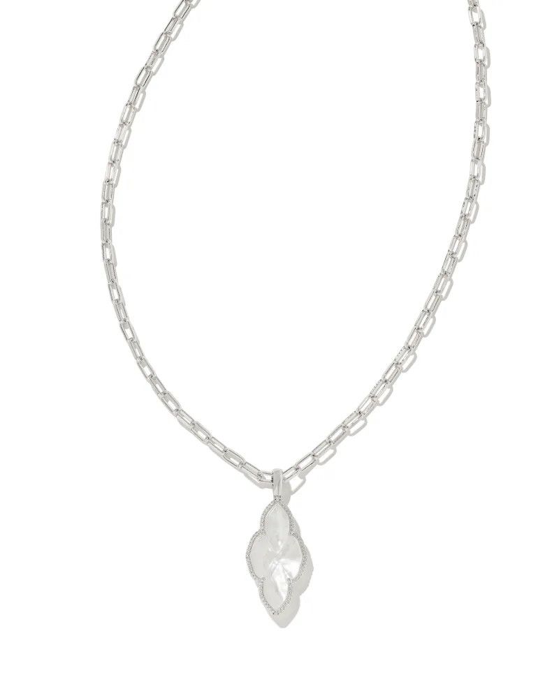 Abbie Silver Pave Frame Large Long Pendant Necklace in Ivory MOP
