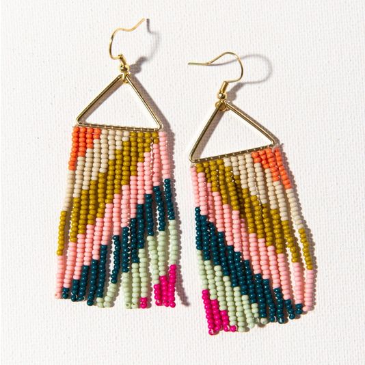 Whitney Diagonal Stripe Beaded Fringe Earrings Rainbow on Triangle