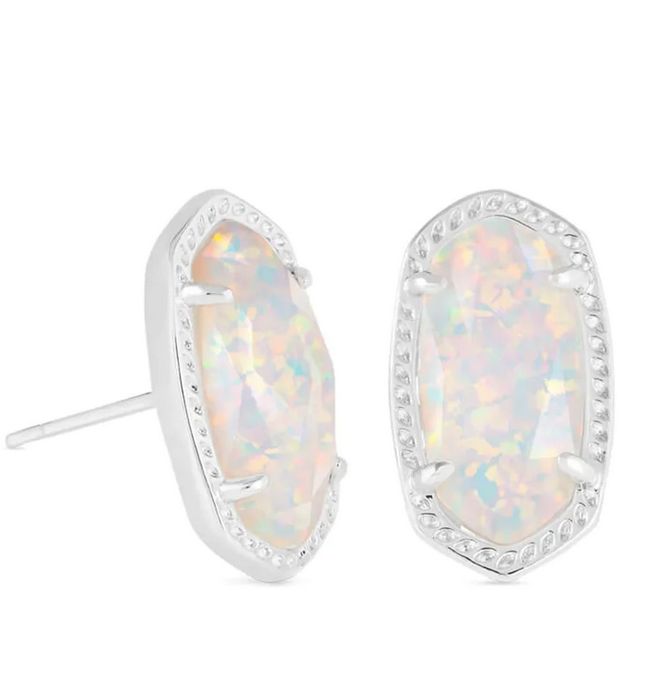 Ellie Stud Earrings Rhodium White Opal