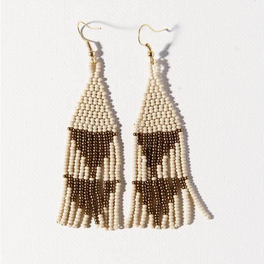 Lennon Gold Triangles Beaded Fringe Earrings Ivory