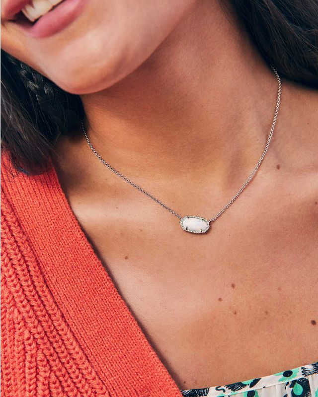 Elisa Short Pendant Necklace Rhodium White Opal