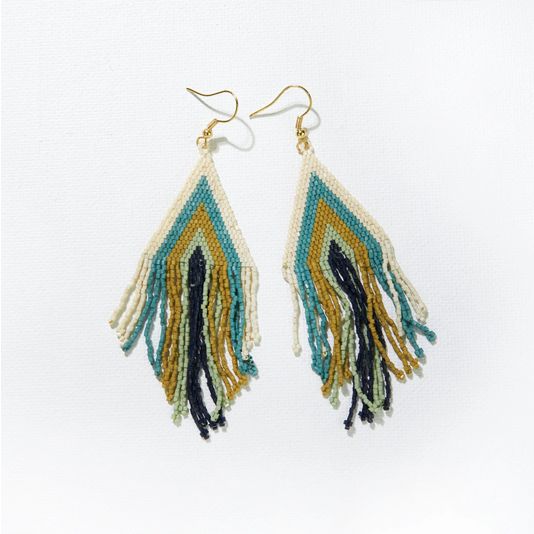 Haley Stacked Triangle Stripe Luxe Beaded Fringe Earrings Ivory Teal Citron Mint Navy