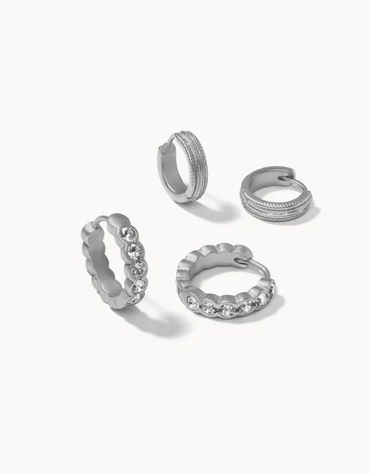 Simple Hoop Earring Set Crystal (2 Pairs) Silver