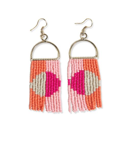 Allison Half Circle Beaded Fringe Earrings Hot Pink Coral on Arch