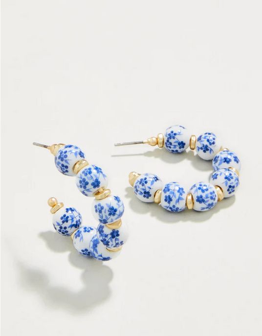 Annabelle Beaded Hoop Earrings Blue Flower
