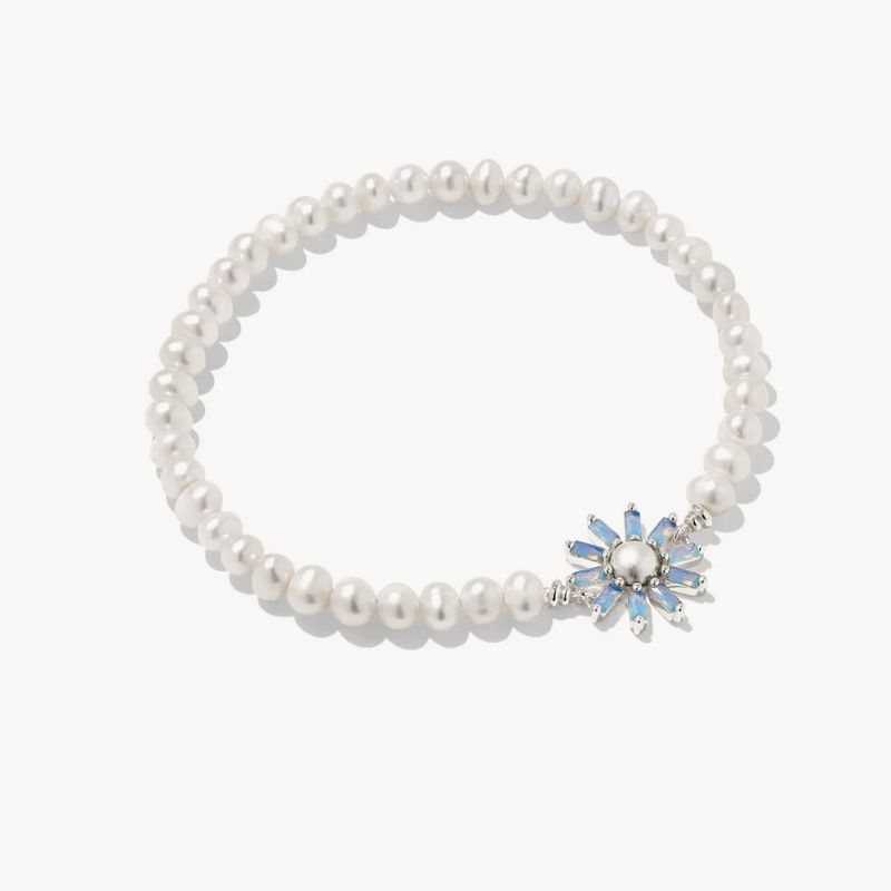 Madison Daisy Pearl Stretch Bracelet Bright Silver Light Blue Opal