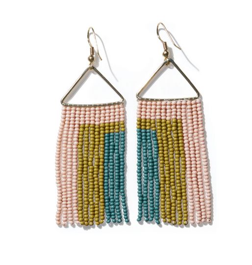 Whitney Fringe  Blush Citron Teal Rectangles on Triangle Earrings