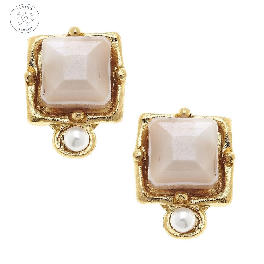 Earrings London Studs Gold Genuine Freshwater Pearl and Crystal Blush
