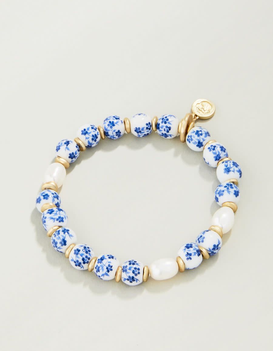 Ceramic Bead Stretch Bracelet 8mm Blue Flowers