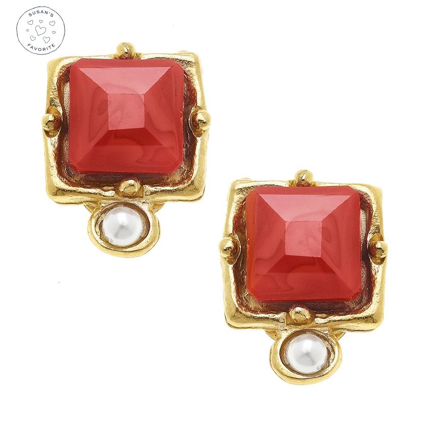 Earrings London Studs Gold Genuine Freshwater Pearl and Crystal Red