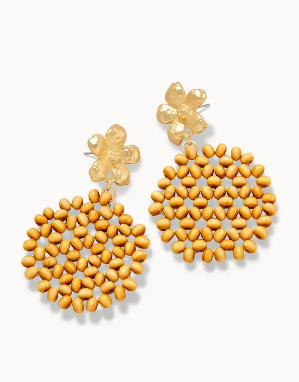 Earrings Wood Bead Flower Natural