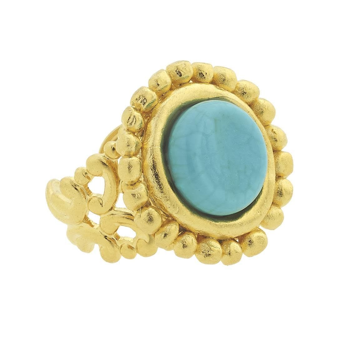 Ring Handcast Gold with Genuine Turquoise  Adjustable