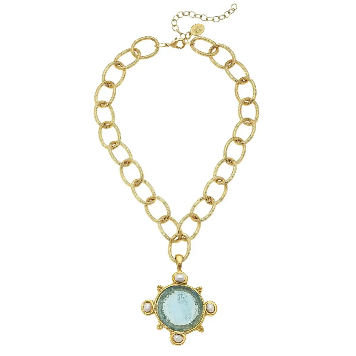 Necklace Aqua Venetian Glass Coin Intaglio w/Freshwater Pearls on Chain