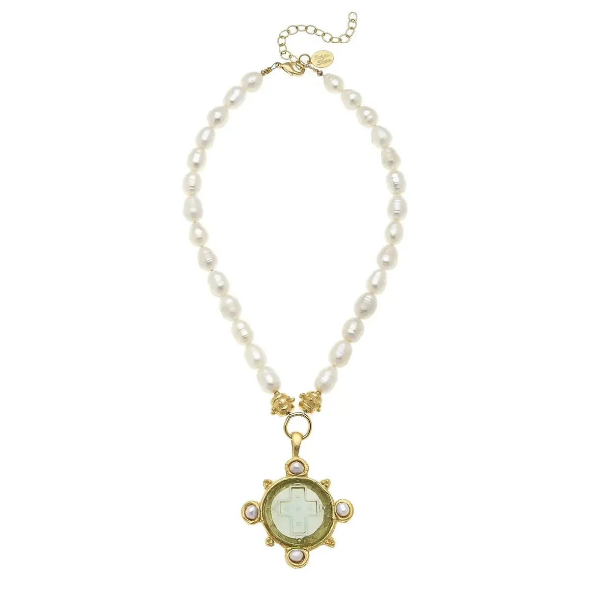 Necklace Aqua Venetian Glass Cross Intaglio w/Freshwater Pearls on Pearl Chain