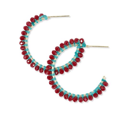 Lillian Crystal Threaded Beads Hoop Earrings Maroon