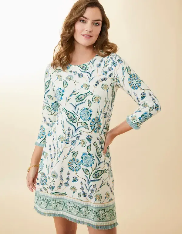 Island Fringe 3/4 Sleeve Dress Hamilton Jacobean Cream