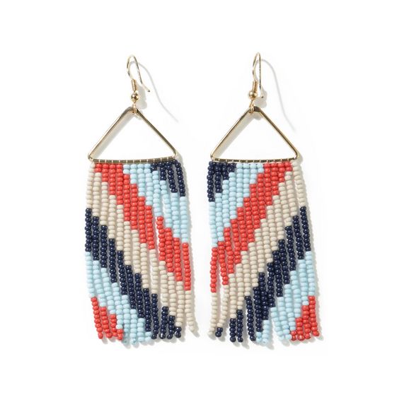 Whitney Diagonal Stripe Beaded Fringe Earrings  Blue Red Beige