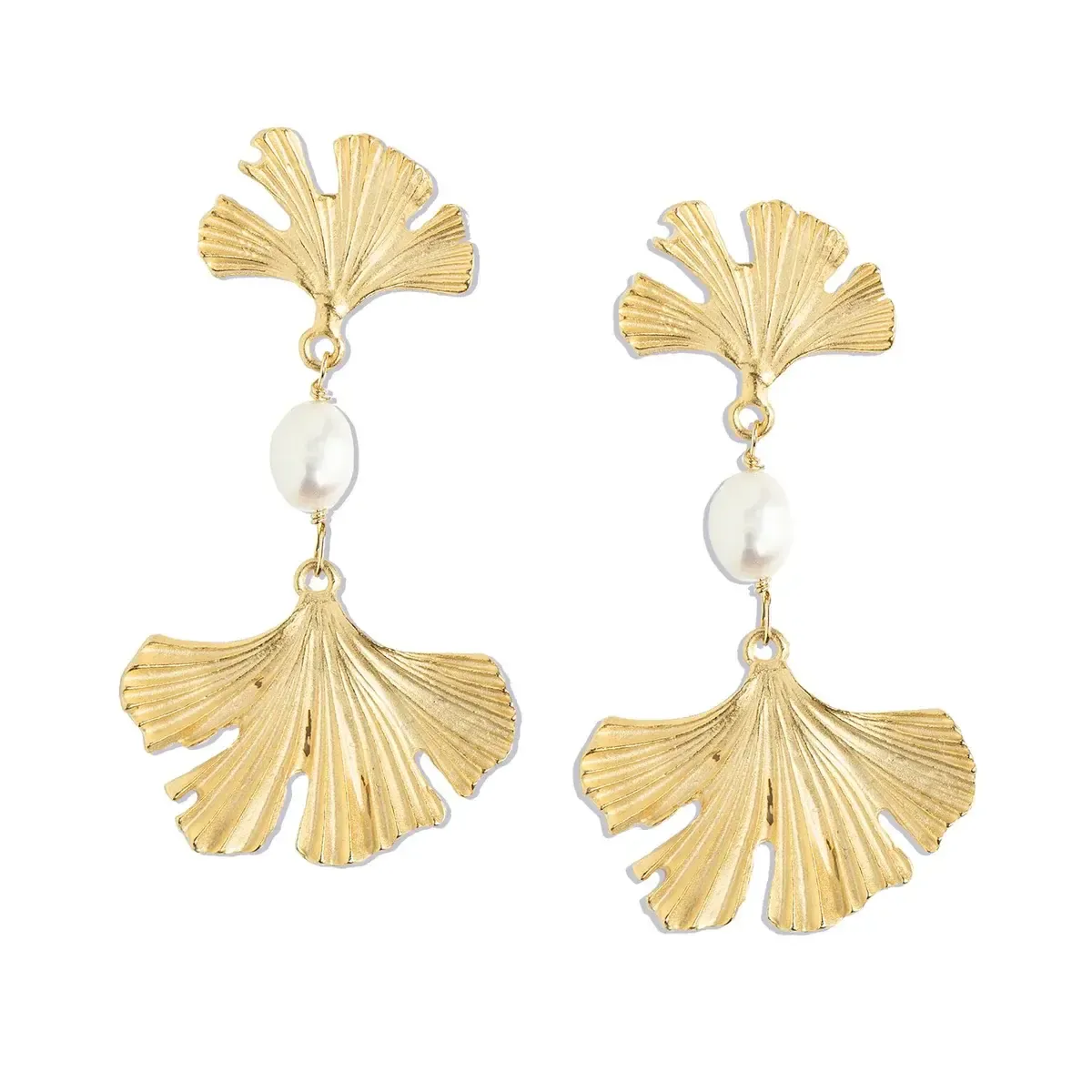 Earrings Gold Ginko Leaf &amp; Freshwater Pearl