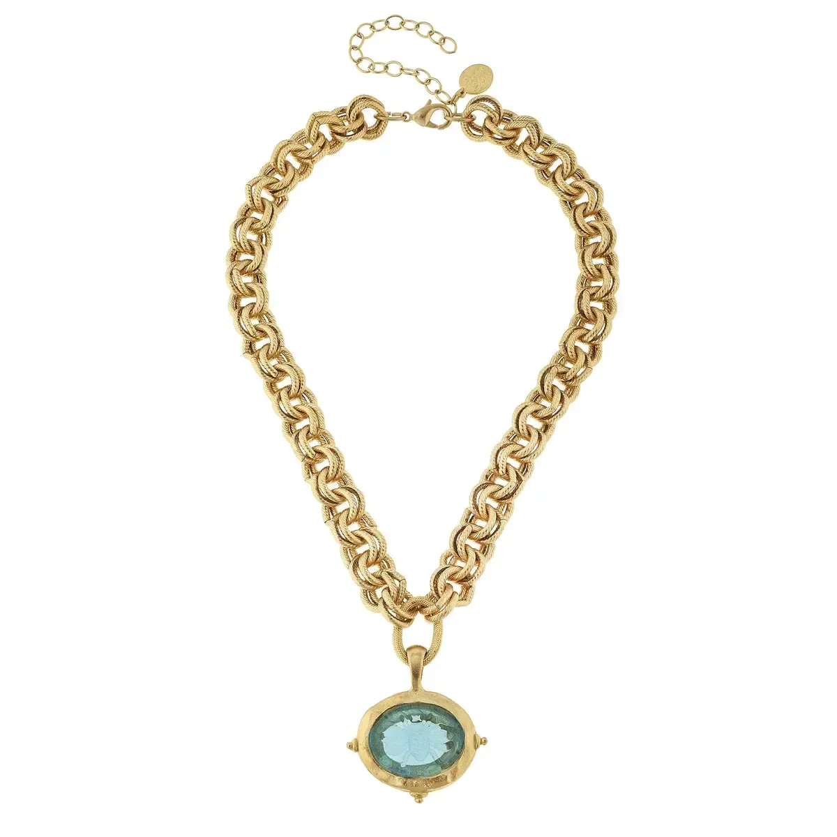 Necklace Aqua Venetian Glass Bee Intaglio on Gold Chain