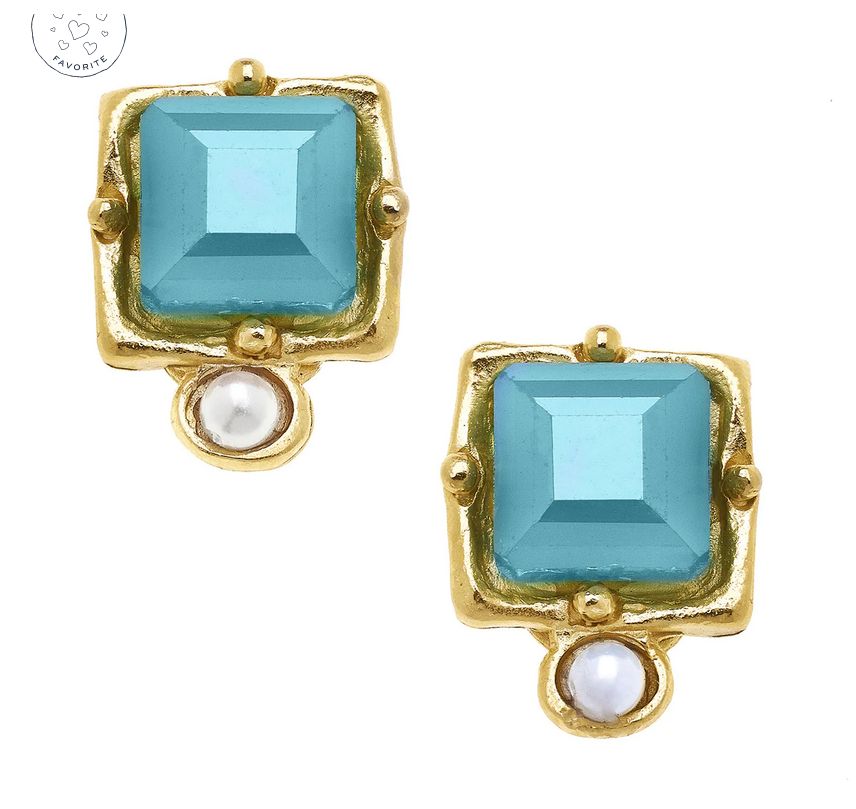 Earrings London Studs Gold Genuine Freshwater Pearl and Crystal Teal