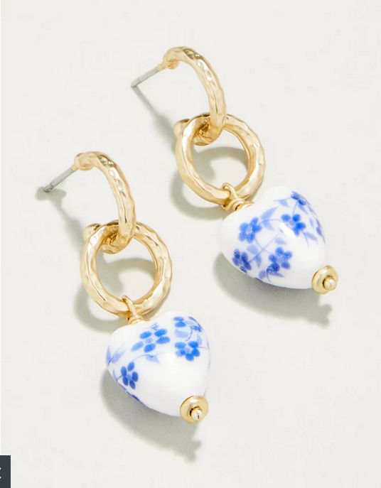 Ceramic Earrings Heart Blue Flowers