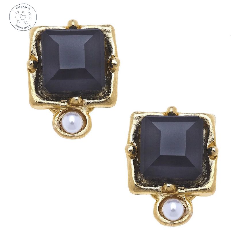 Earrings London Studs Gold Genuine Freshwater Pearl and Crystal Black