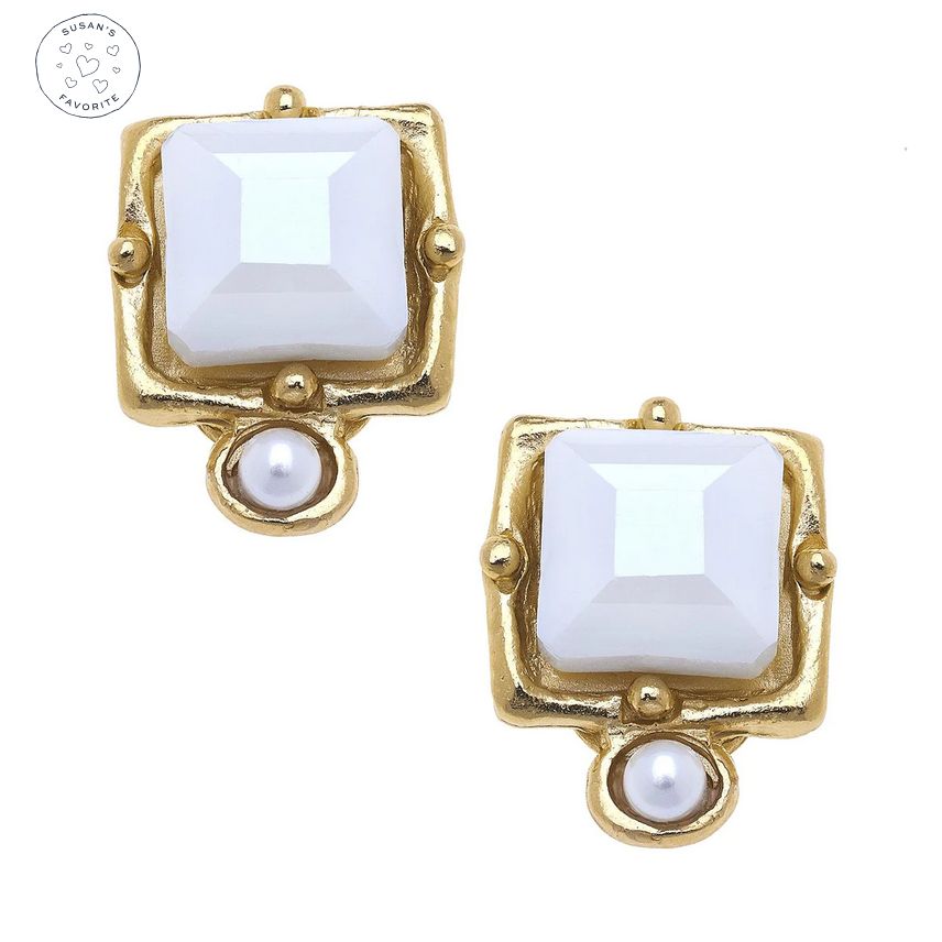 Earrings London Studs Gold Genuine Freshwater Pearl and Crystal White