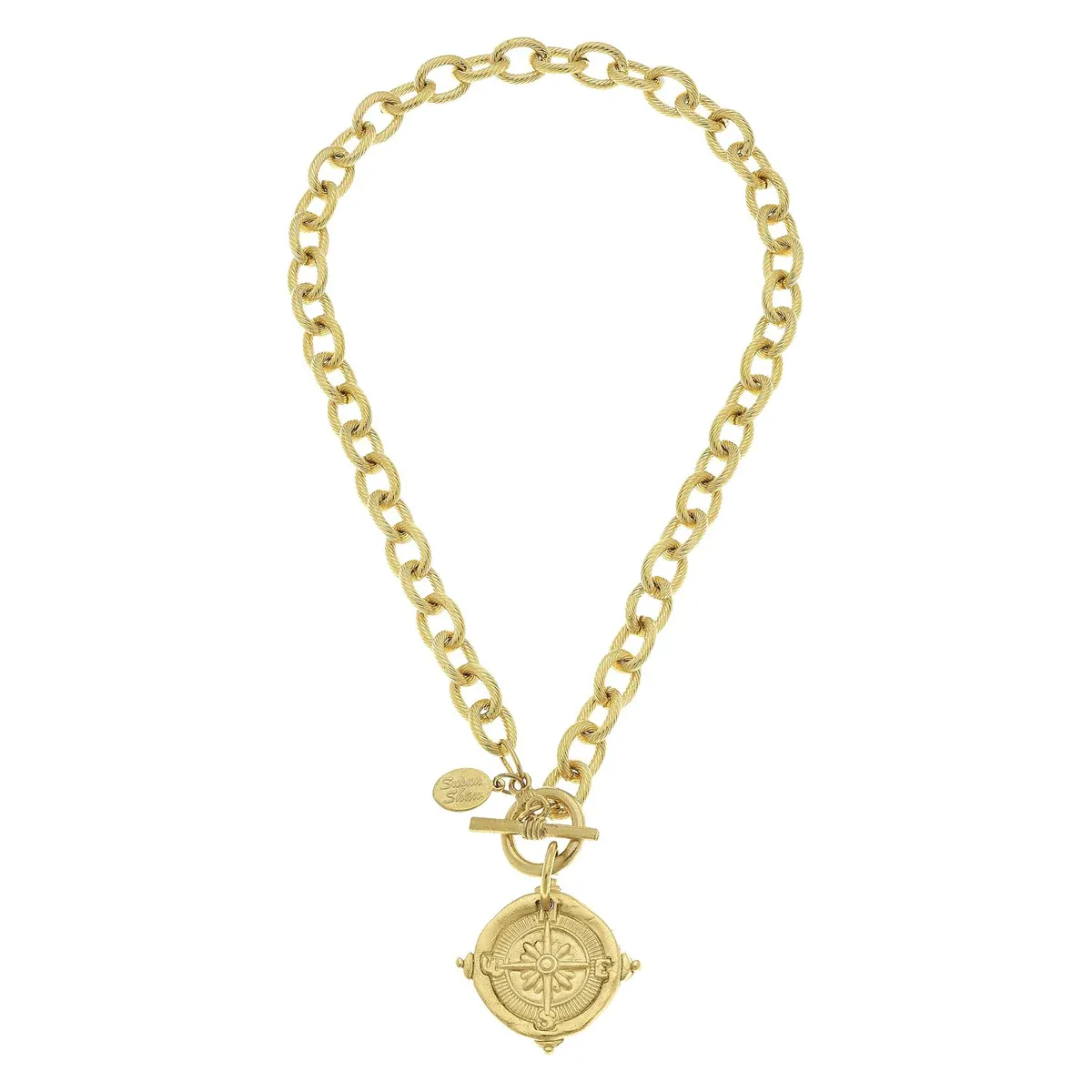 Necklace Handcast Gold Compass Front Toggle and Chain