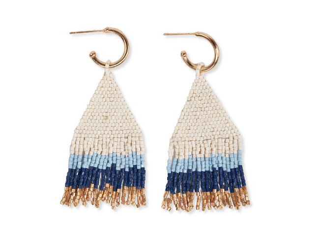 Earrings James Mini Gold Hoop Colorblock Beaded Fringe Navy