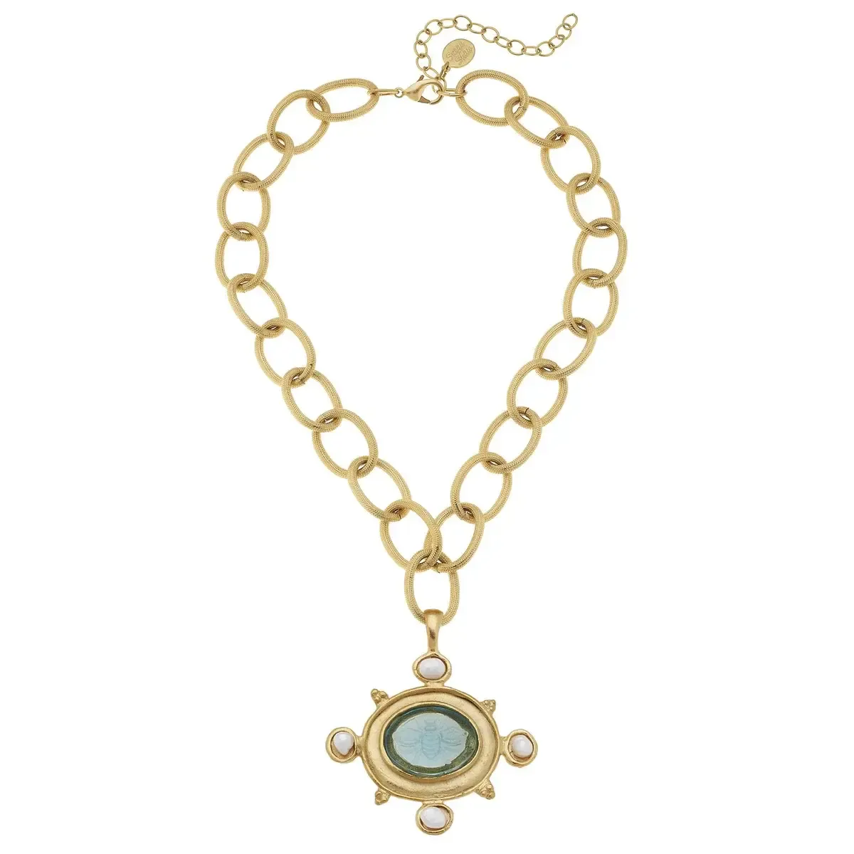 Necklace Venetian Glass Bee Intaglio w/Freshwater Pearls on Gold Chain