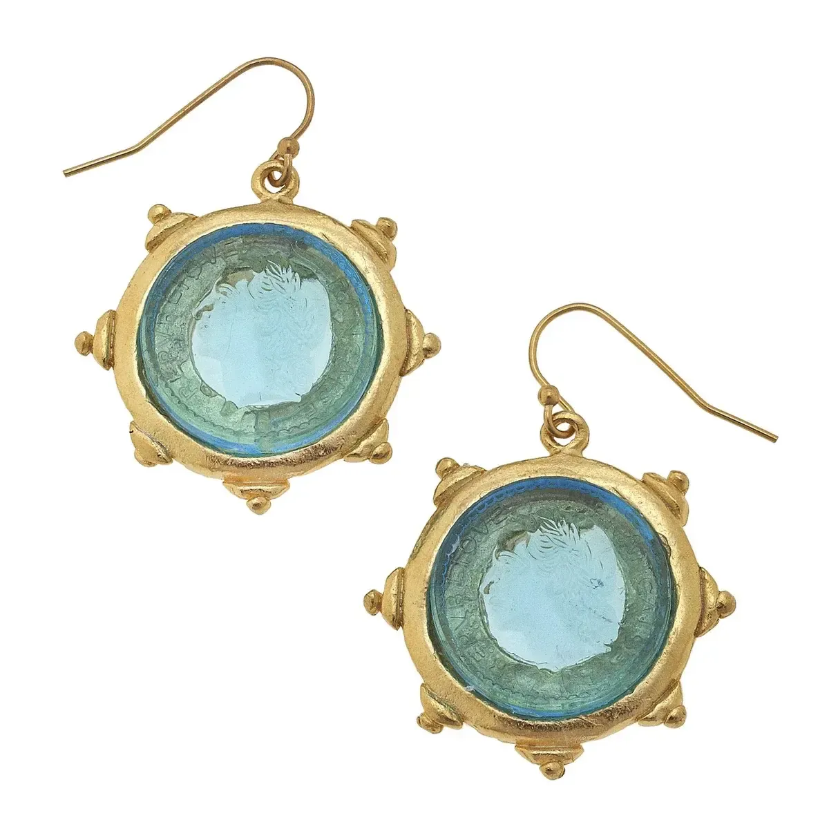 Earrings Aqua Venetian Glass Coin Intaglio