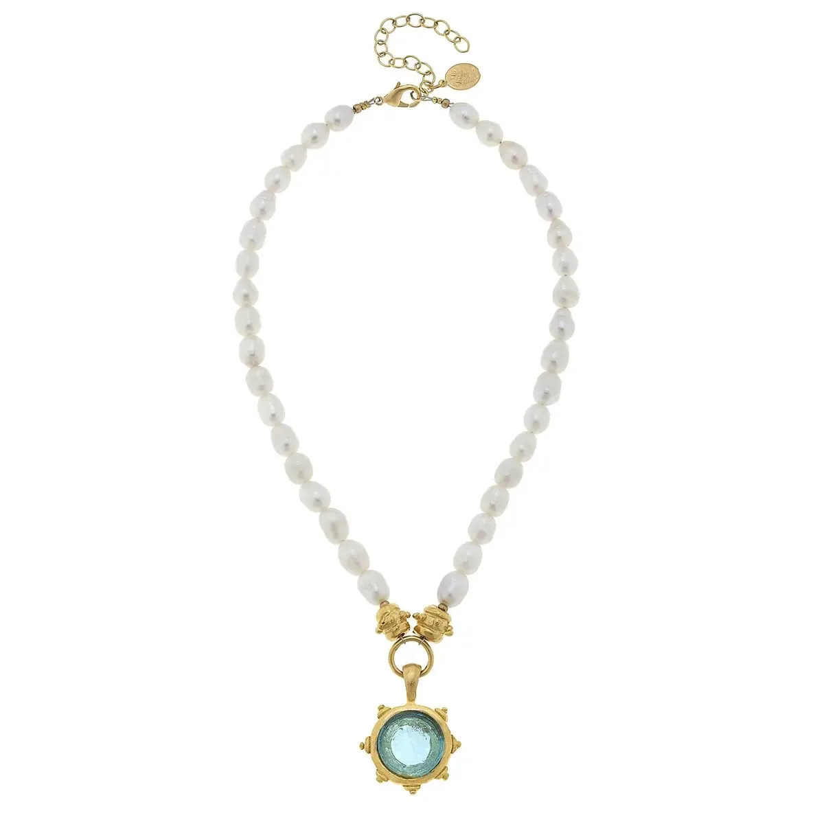 Necklace Aqua Venetian Small Glass Coin Intaglio on Freshwater Pearl Chain