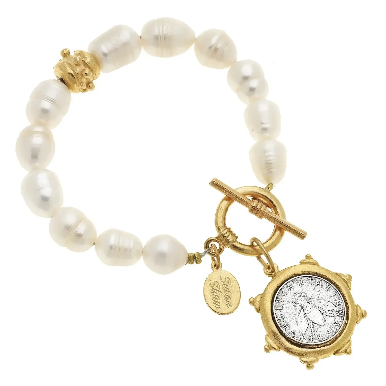 Gold and Silver Bee Italian Coin on Freshwater Pearl Bracelet
