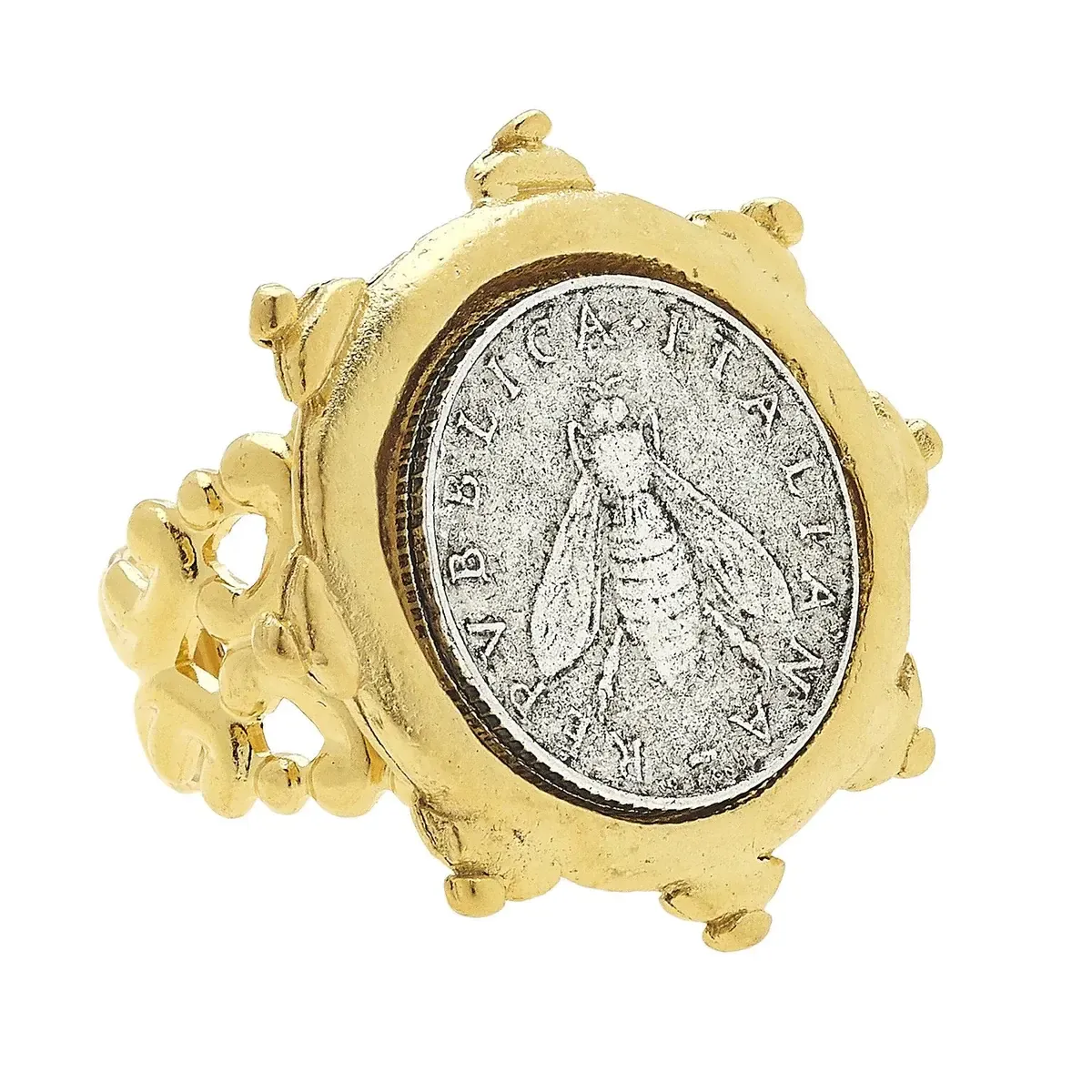 Handcast Gold and Silver Italian Bee Coin Adjustable Ring