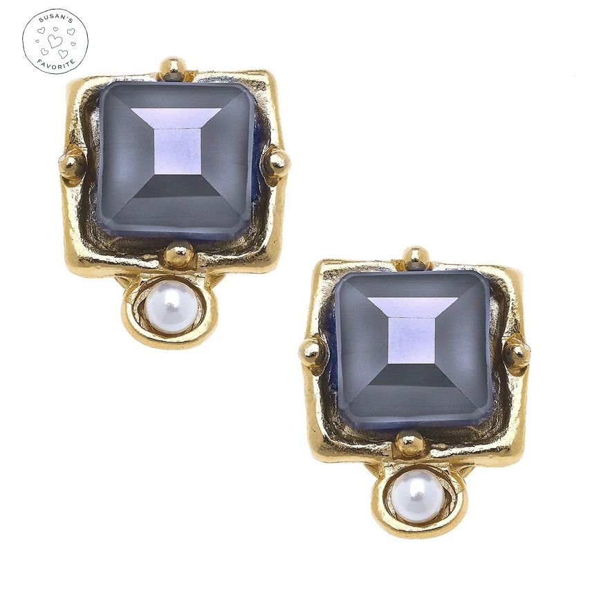 Earrings London Studs Gold Genuine Freshwater Pearl and Crystal Metallic Gray