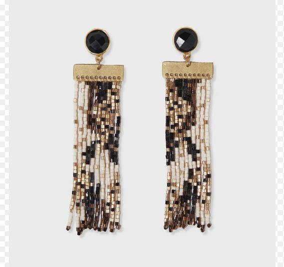 Earrings Lilah Semi-Precious Stone Post Organic Shapes Beaded Fringe Black/ White