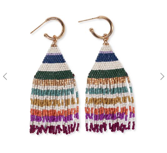 James Mini Gold Hoop Horizontal Stripes Beaded Fringe Earrings Muted