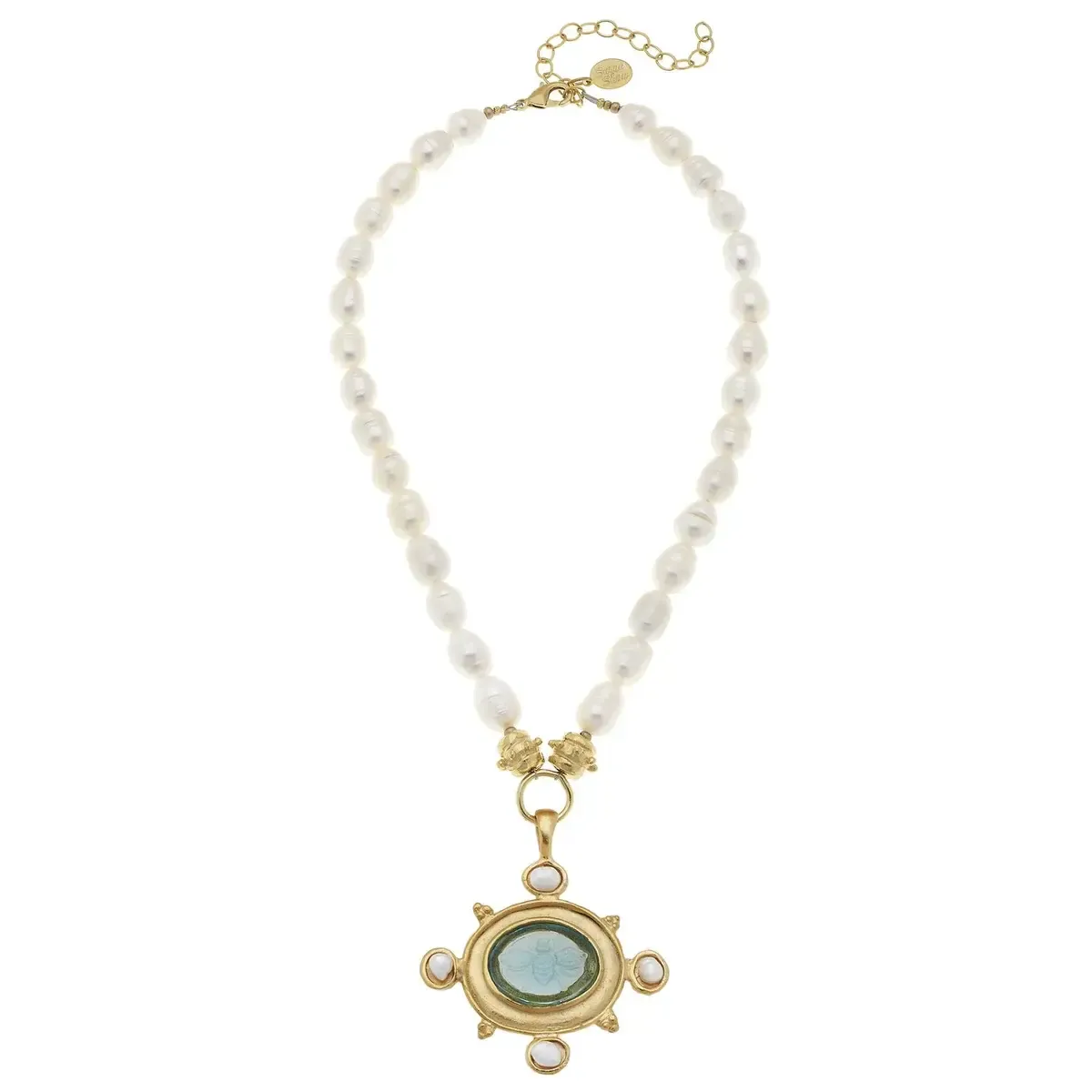 Necklace Aqua Venetian Glass Bee w/Freshwater Pearl Chain