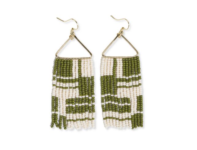 Earrings Whitney Shifting Blocks Beaded Fringe Avocado