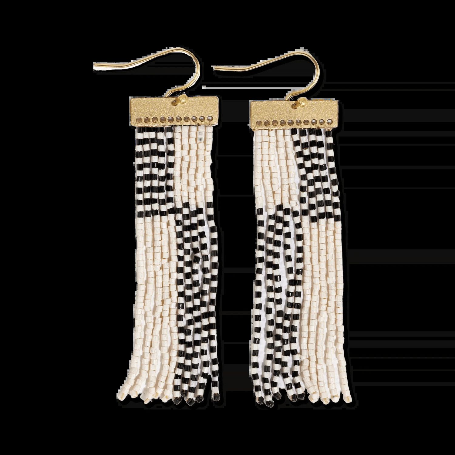 Earrings Lana Rectangle Hanger Colorblocks with Stripes Beaded Fringe Ivory and Black
