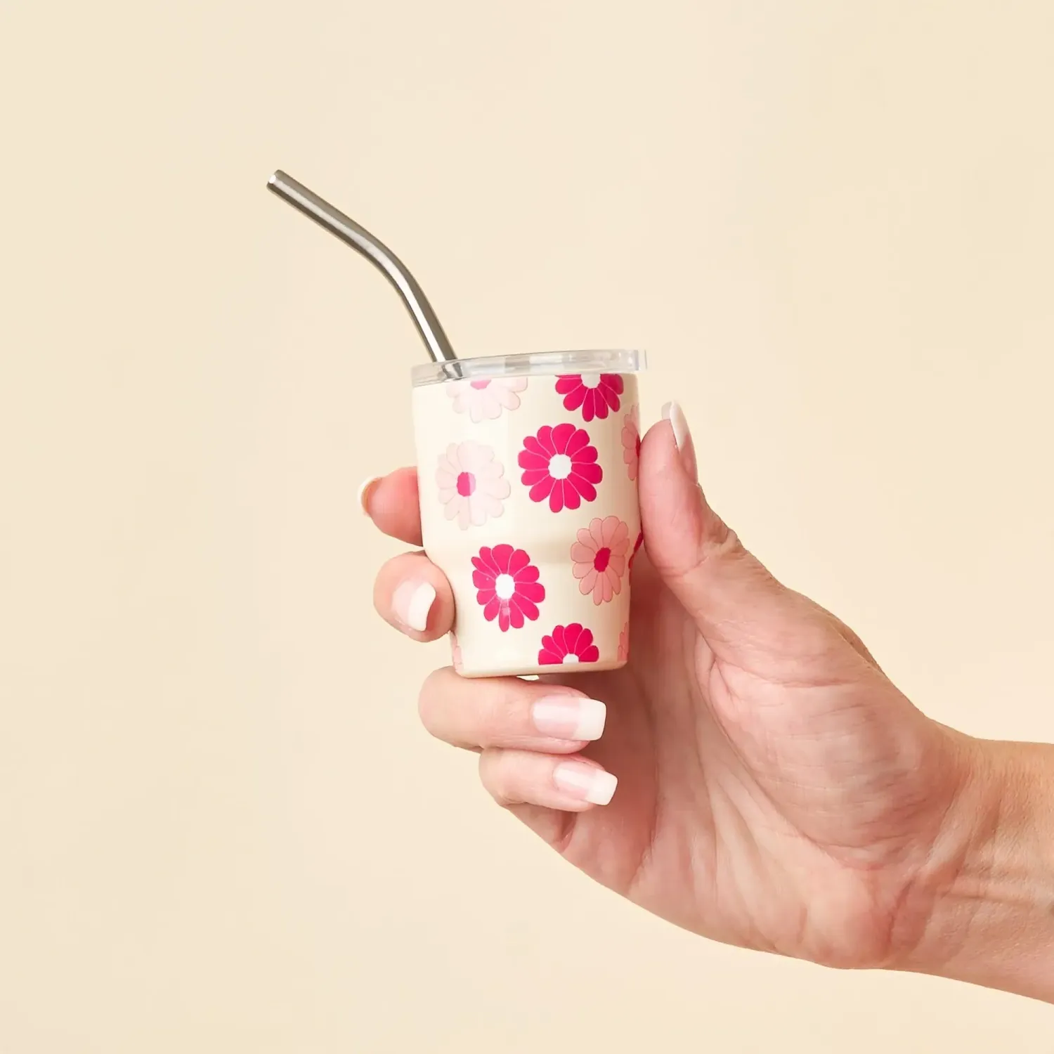 2 oz Tiny Tumbler w/ Straw Darling Daisy Hot Pink