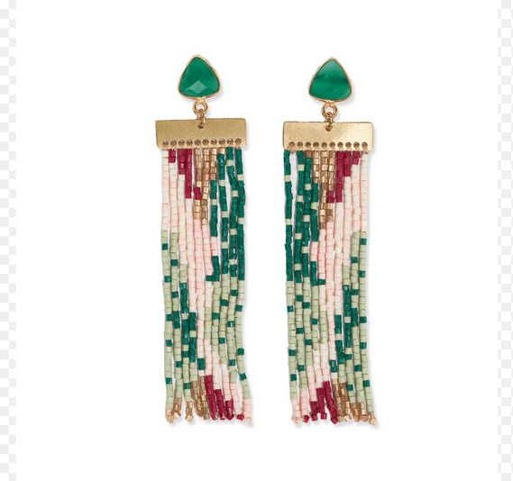 Lilah Semi-Precious Stone Post Organic Shapes Beaded Fringe Earrings Emerald