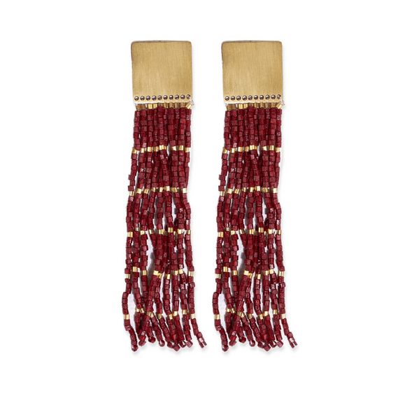Harlow  Brass Top Solid w/ Gold Stripe Beaded Fringe Earrings Maroon
