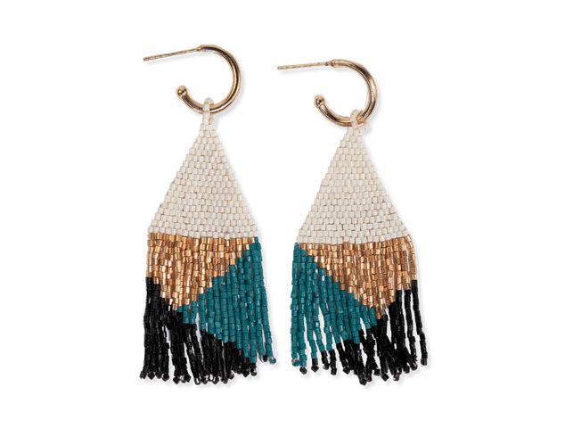 Earrings James Mini Gold Hoop Mixed Angles Beaded Fringe Teal