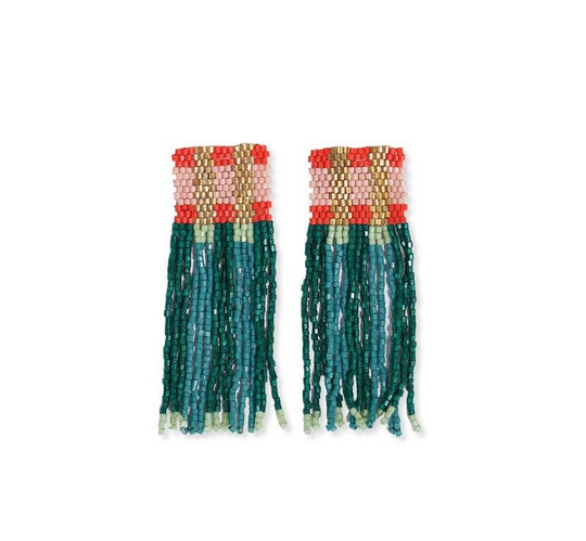 Ava Crossing Colorblock Beaded Fringe Earrings Teal &amp; Poppy