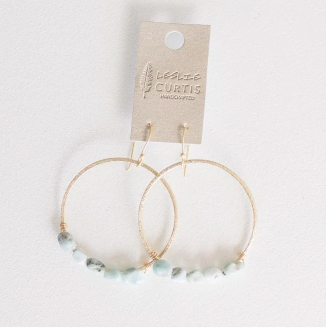 Sailor Larimar Bead Gold Hoop Earrings 2 in